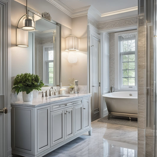 A lavish bathroom with a floor-to-ceiling, beveled-edge mirror in a polished chrome frame, surrounded by sleek, modern fixtures and marble countertops, illuminated by soft, warm lighting.