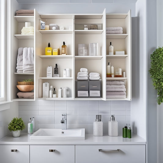 A modern bathroom with a sleek, wall-mounted medicine cabinet featuring multiple shelves, drawers, and compartments, filled with neatly organized toiletries, towels, and skincare products, against a soft, white background.