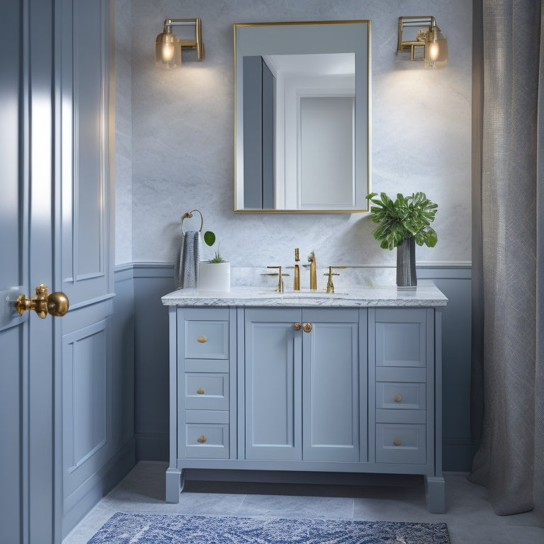 A stylish, modern bathroom with a wall-mounted cabinet featuring a recessed LED light, adjacent to a freestanding vanity with ornate metal legs and a vessel sink, set against a backdrop of gray marble tiles.