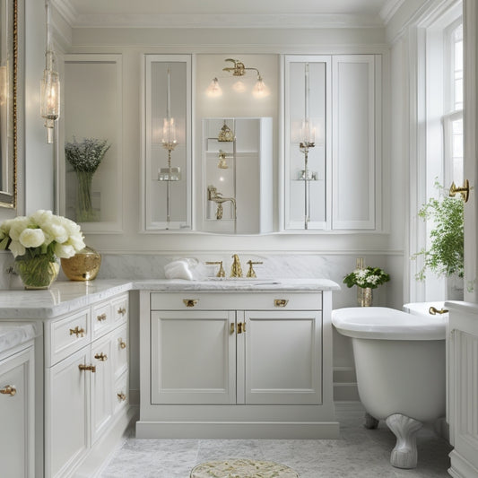 A serene bathroom scene featuring floor-to-ceiling white cabinets with ornate hardware, glass shelves, and soft LED lighting, surrounded by a calming blend of creamy marble and pale gray walls.