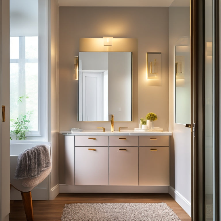 A sleek, modern bathroom with a large, wall-mounted cabinet featuring a mirrored door, surrounded by soft, warm lighting, and adorned with minimal, elegant fixtures and a freestanding tub.