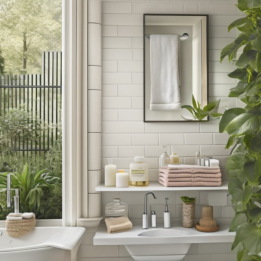 A serene bathroom scene featuring a wall-mounted open shelving unit with rounded edges, holding a decorative vase, rolled towels, and a few choice skincare products, amidst a calming greenery backdrop.