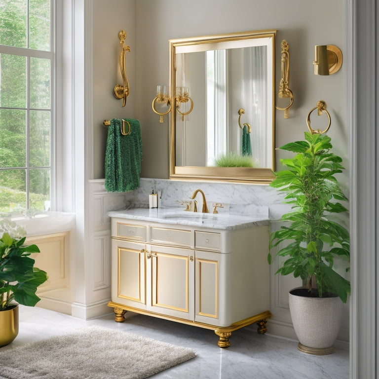 A serene bathroom scene featuring a floor-to-ceiling, white, freestanding cabinet with ornate gold hardware, surrounded by marble countertops, soft lighting, and lush greenery.
