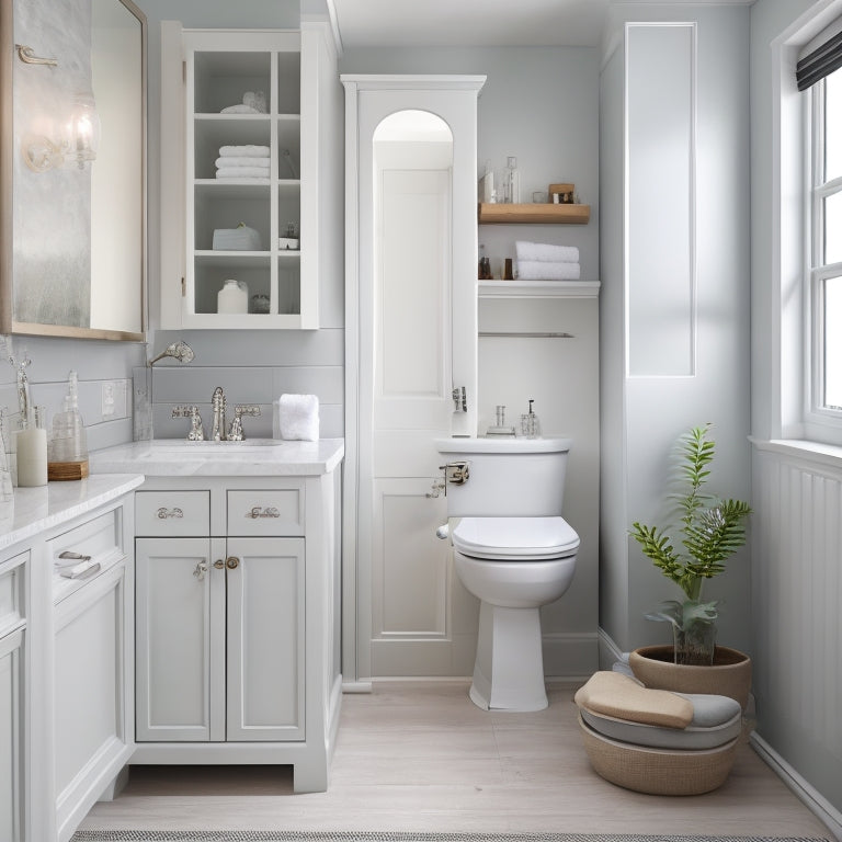 A serene, clutter-free tiny bathroom with a wall-mounted fold-down shelf, a pedestal sink with built-in storage, and a recessed medicine cabinet with mirrored doors, surrounded by calming white and gray tones.