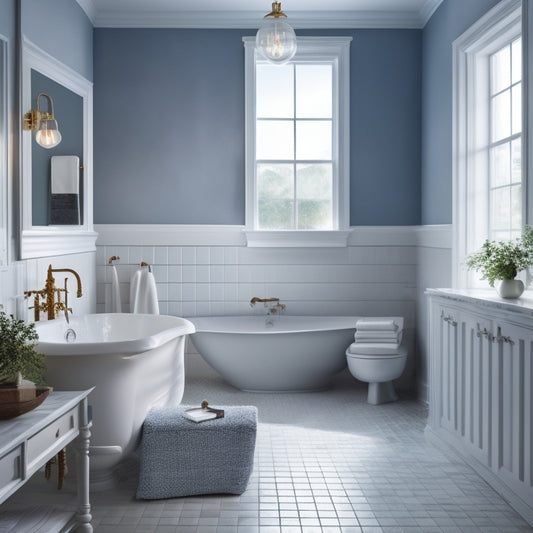 A serene bathroom scene with a freestanding tub, surrounded by creamy marble floors, walls adorned with soft gray subway tiles, and a statement light fixture above, set against a calming blue-gray backdrop.