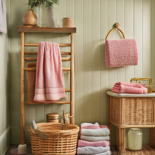 A charming vintage bathroom featuring rustic wood shelves adorned with neatly rolled, colorful towels, a distressed wicker basket overflowing with soft linens, and an antique ladder leaning against a pastel wall adorned with floral wallpaper.