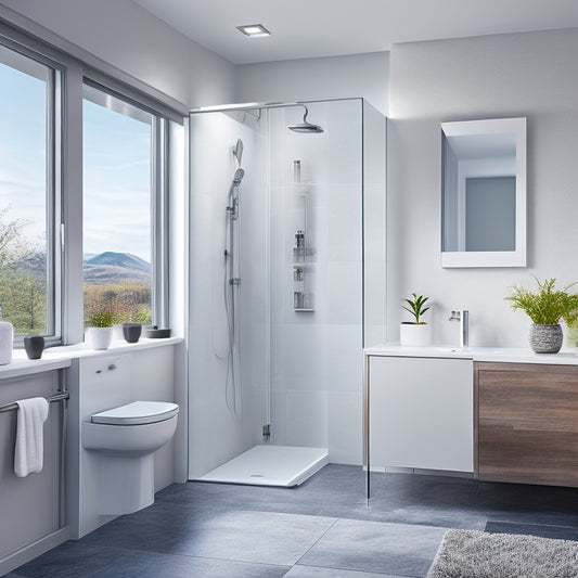 A sleek, modern bathroom with a wall-mounted sink, a compact toilet, and a shower cubicle with a sliding glass door, surrounded by pale gray walls and polished chrome accents.