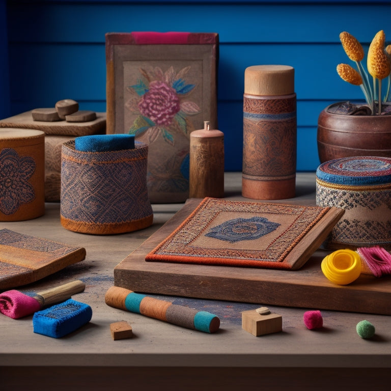 Vibrant, hand-carved wooden blocks with intricate floral patterns and geometric shapes scattered on a worn, wooden worktable, surrounded by rolls of blank fabric, ink-stained aprons, and scattered paintbrushes.