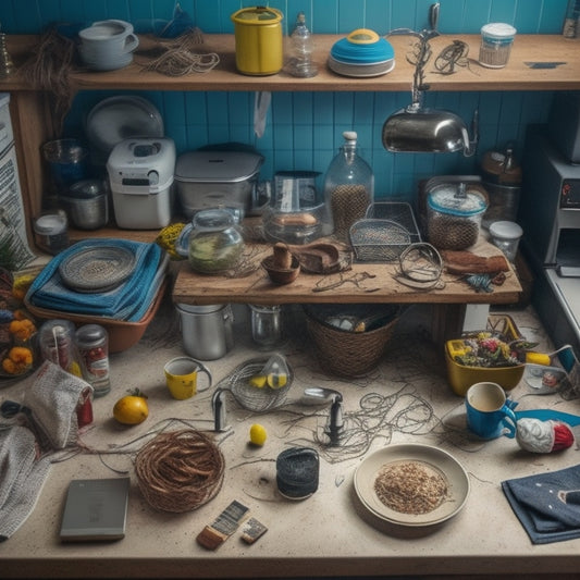 A cluttered kitchen counter with appliances, utensils, and gadgets scattered haphazardly, with a few items hanging precariously off the edge, surrounded by messy cords and scattered papers.