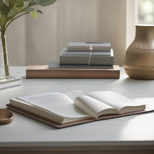 A serene, minimalist workspace featuring a sleek, wooden desk with a single, leather-bound journal and a lone, white pen, set against a soft, creamy background, with a subtle, natural light.