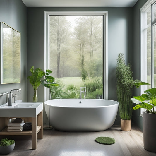 A serene, minimalist bathroom with a freestanding tub, surrounded by lush greenery and soft, warm lighting, featuring Kaldewei's sleek, modern fixtures and a rainfall showerhead.