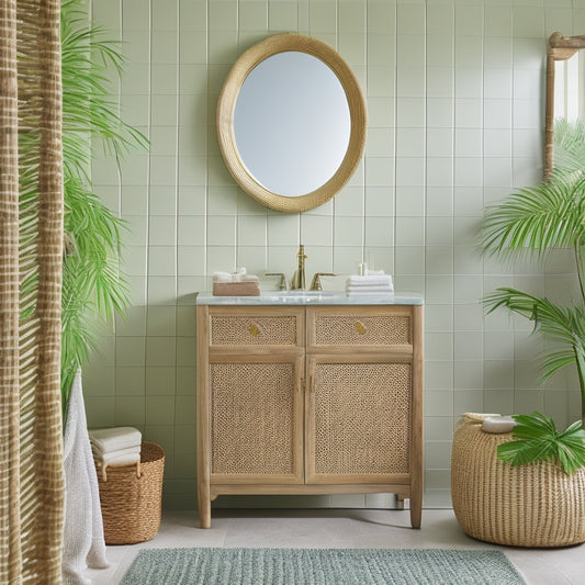 A serene bathroom with a bamboo cabinet featuring a natural, matte finish, adorned with woven rattan baskets and a woven sea grass mirror frame, set against a calming, soft-green background.