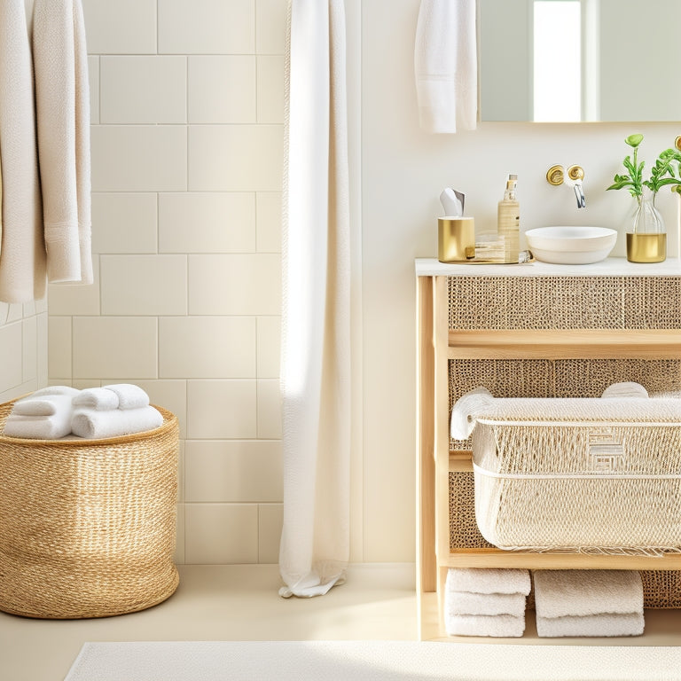 A serene, minimalist bathroom with a wall-mounted woven basket storage system in natural fibers, holding rolled towels and toiletries, against a soft, white background with warm, golden lighting.