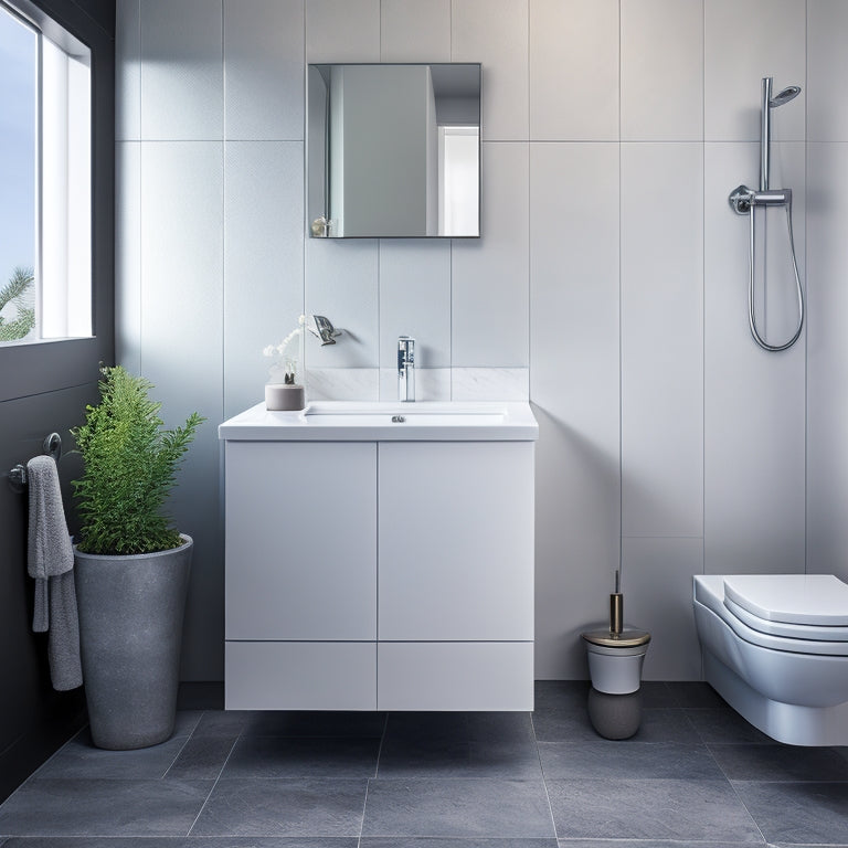 A serene, modern bathroom featuring a wall-mounted toilet in matte black alongside a sleek, white, oval-shaped bath sink with chrome faucet, set against a calming gray and white marble backsplash.