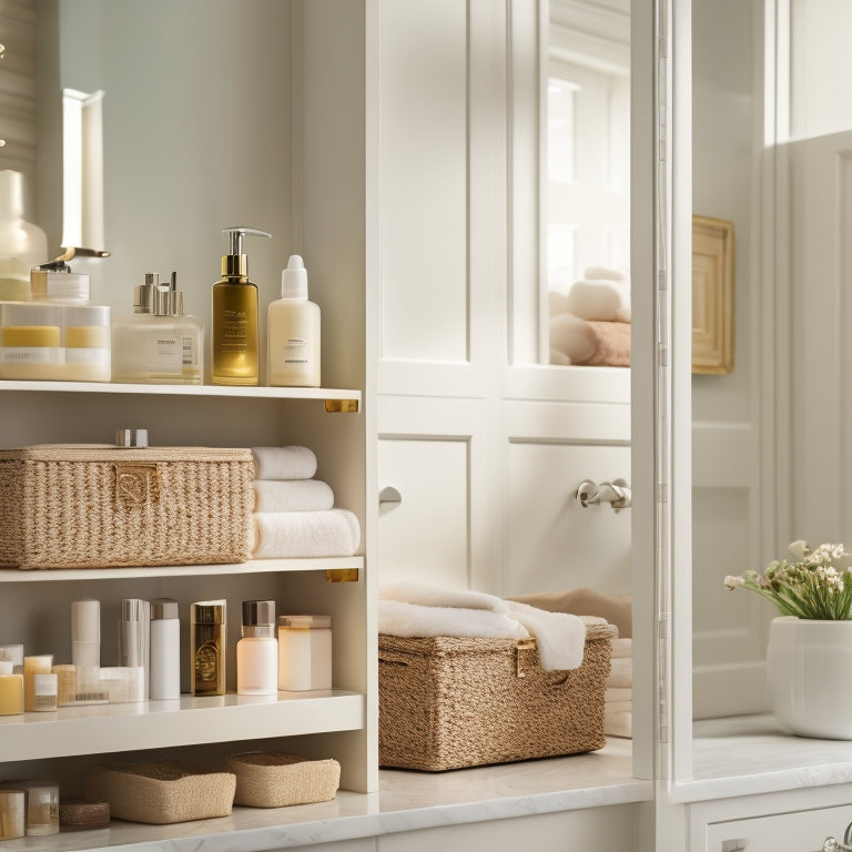 A serene, well-lit bathroom with a drawer open, revealing neatly arranged toiletries, cosmetics, and skincare products in stackable containers, baskets, and dividers, amidst a calming background of soft whites and creams.