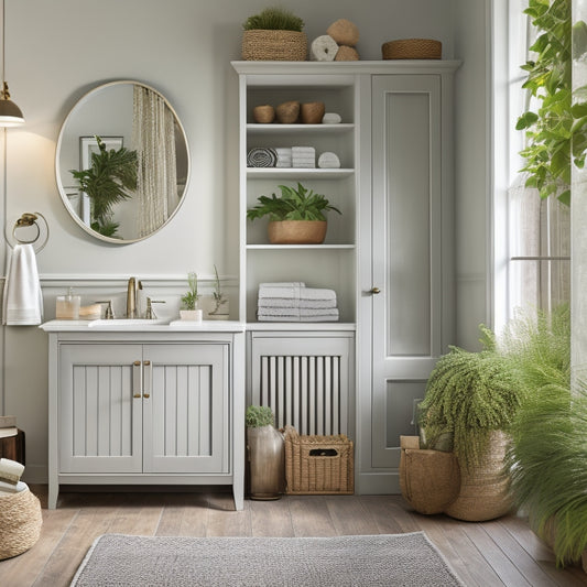 A serene bathroom with a wall-mounted cabinet featuring a sliding mirrored door, a freestanding tub surrounded by woven baskets, and a recessed shelf with rolled towels and potted plants.