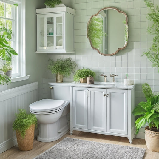 A beautifully styled bathroom with a mix of white and gray tones, featuring a repurposed Dollar Tree storage unit, adorned with decorative knobs, placed on a countertop amidst lush greenery and soft lighting.