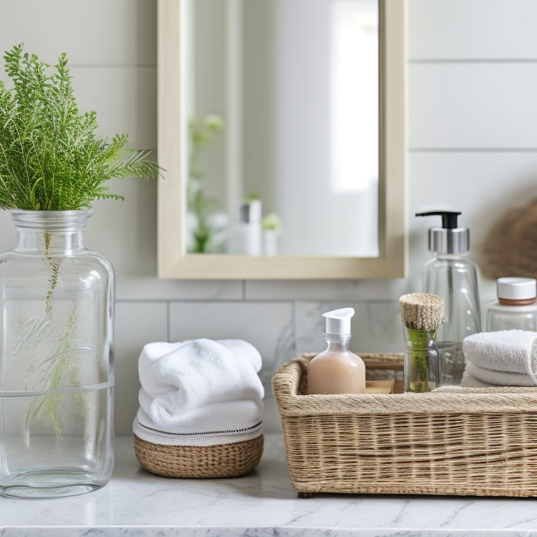 A clutter-free bathroom countertop with a mix of clear glass jars, woven baskets, and a wooden tray, holding various bathroom essentials, against a calming white and gray marble background.