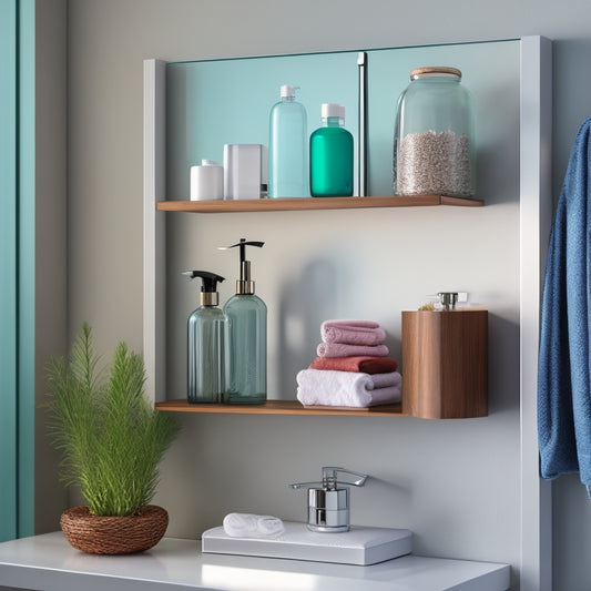 A sleek, modern bathroom with three wall-mounted corner shelves of varying designs: a minimalist glass shelf, a wooden shelf with ornate carvings, and a chrome shelf with rounded edges.