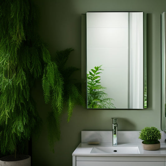 A sleek, frameless mirrored medicine cabinet reflecting soft bathroom lighting, surrounded by minimalist decor, elegant fixtures, and contemporary tiles. Soft shadows and a hint of greenery create a serene, modern atmosphere.