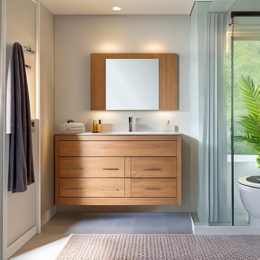 A sleek, modern bathroom with a wall-mounted cabinet featuring soft-close drawers, a matching mirror with built-in LED lighting, and a woven basket storage unit beneath a freestanding tub.