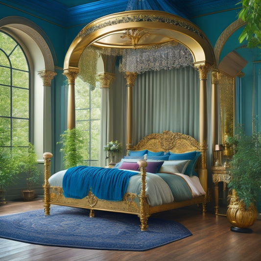 A serene bedroom with a majestic four-poster bed, adorned with flowing velvet drapes, beneath a vaulted ceiling featuring an ornate, gilded archway, surrounded by lush greenery and soft, warm lighting.