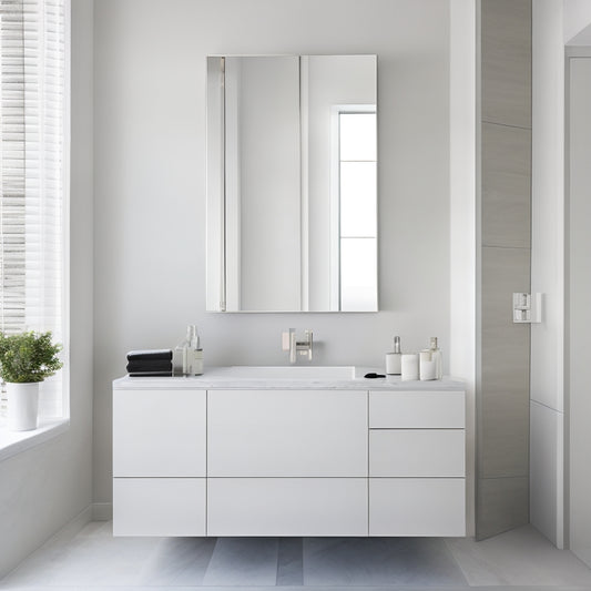 A minimalist, modern bathroom with a wall-mounted sink, featuring a sleek, chrome-finished storage unit above it, with three small drawers and an open shelf, surrounded by white marble walls and a large mirror.