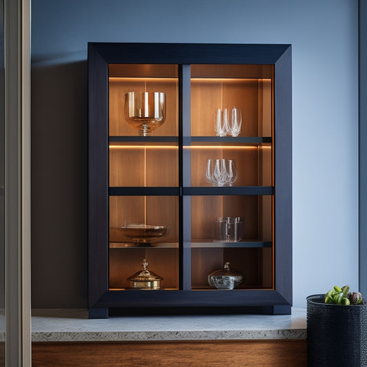 A modern wall-mounted glass door cabinet featuring sleek wood framing, illuminated by soft LED lights, displaying elegant glassware and decorative items against a minimalist backdrop of soft gray walls and polished hardwood flooring.