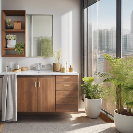 A sleek, modern bathroom featuring modular storage units in warm wood tones, neatly organized toiletries, vibrant plants, and stylish baskets, all set against a minimalist white tile backdrop with urban city views through a window.