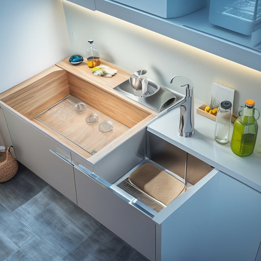 A modern kitchen sink area with a sleek, sliding drawer system, polished chrome handles, and a minimalist aesthetic, showcasing maximized storage in a compact, clutter-free space.