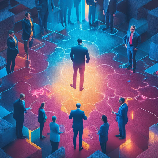 A stylized illustration of a leader standing in front of a puzzle, with puzzle pieces falling into place, surrounded by diverse team members in the background, all connected by glowing threads.