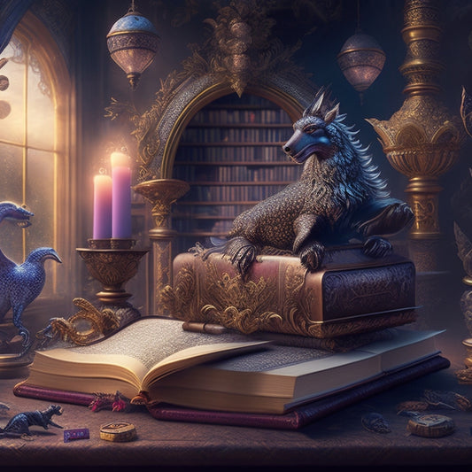 A whimsical illustration featuring a treasure trove of fantasy gaming delights: a sprawling, ornate bookshelf overflowing with leather-bound tomes, glittering dice, and mythical creatures amidst a backdrop of mystical, swirling fog.