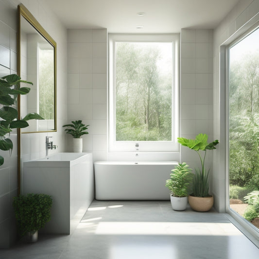 Generate an image of a sleek, minimalist bathroom with a freestanding tub, wall-mounted sink, and large format white tiles, surrounded by lush greenery and natural light pouring in through a skylight.