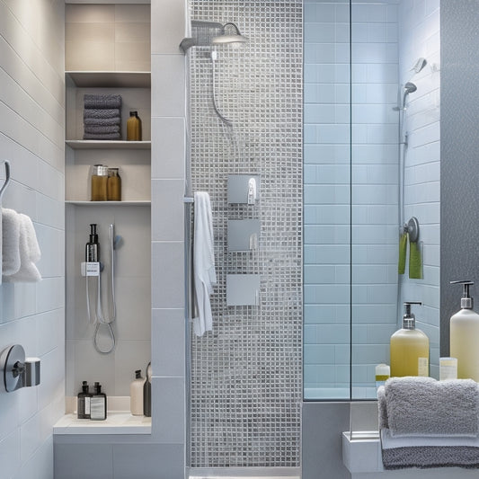 A modern bathroom featuring minimalistic, stainless steel shower organizers, elegantly arranged with vibrant shampoo bottles and natural loofahs, set against a backdrop of smooth, gray tiles and a rain showerhead.