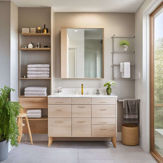 A sleek, modern bathroom with 10 varied storage solutions, including a wall-mounted cabinet, recessed shelves, and a freestanding vanity, in a calming color palette with natural light pouring in.