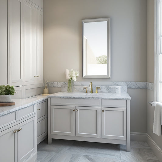 A serene bathroom scene featuring a modern vanity with soft-close drawers, sleek chrome hardware, and a Carrara marble countertop, set against a calming backdrop of soft gray walls and warm natural light.