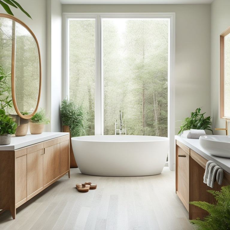 A serene, minimalist bathroom featuring white wooden cabinets, a freestanding tub, and a large skylight above, surrounded by lush greenery and natural stone flooring in a warm, earthy tone.