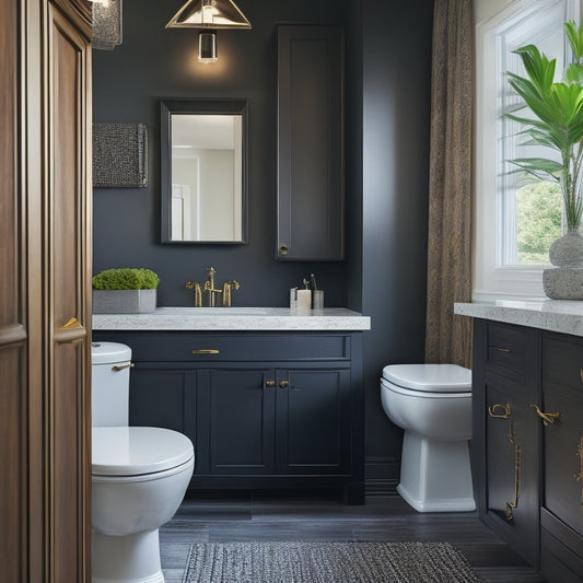 A sleek, modern bathroom with a wall-mounted toilet cabinet in a rich, dark wood tone, adorned with ornate metal hardware, and complemented by a crisp white countertop and minimalist fixtures.