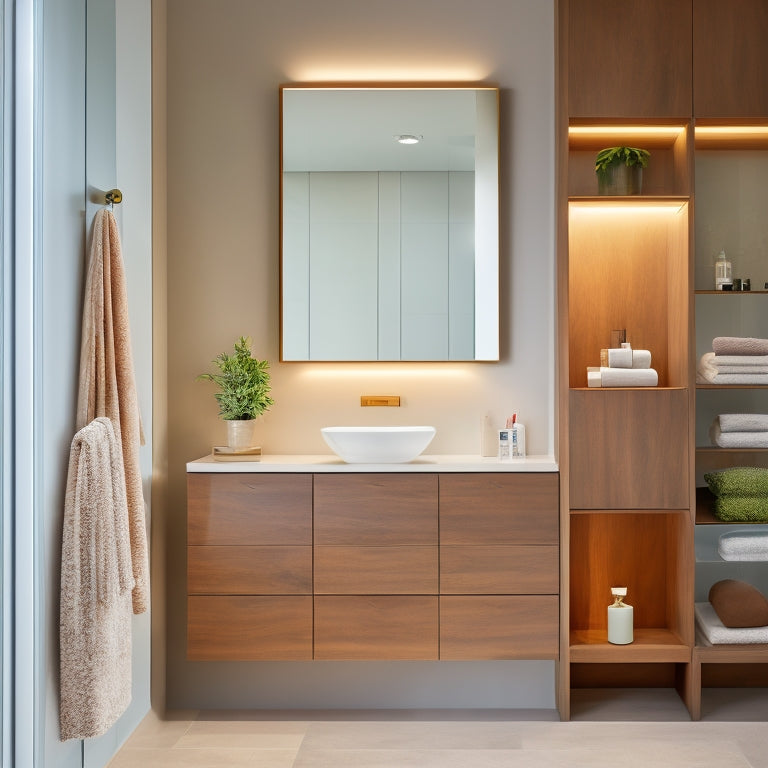 A sleek, modern bathroom showcasing a minimalist wall-mounted cabinet with elegant wood finish, open shelves filled with neatly arranged toiletries, and soft ambient lighting highlighting the stylish design against a serene tile backdrop.