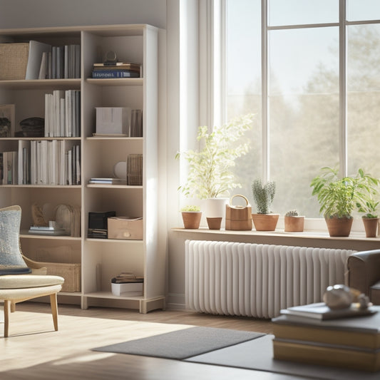 A serene, minimalist living room with a tidy bookshelf, organized desk, and a few well-placed storage bins, illuminated by soft, warm natural light streaming through a window.