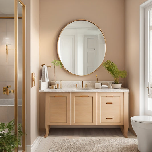 A modern bathroom with cream-colored walls, featuring a bronze-finished bathroom organizer with six compartments, mounted above a sleek, white sink and beside a large, oval-shaped mirror.