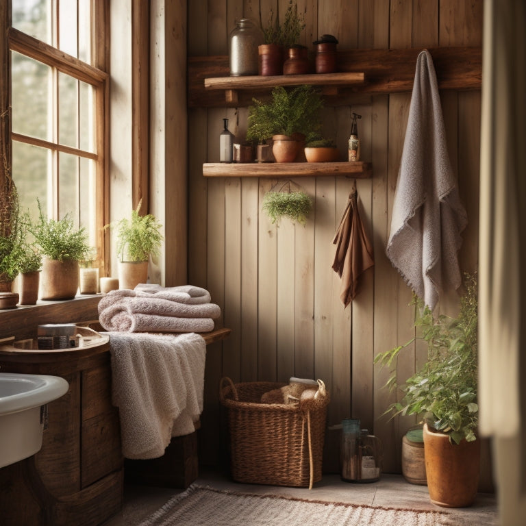 A cozy rustic bathroom featuring wooden ladder shelves adorned with potted plants, rolled towels, and vintage jars, set against a backdrop of reclaimed wood walls and soft, natural lighting filtering through a frosted window.