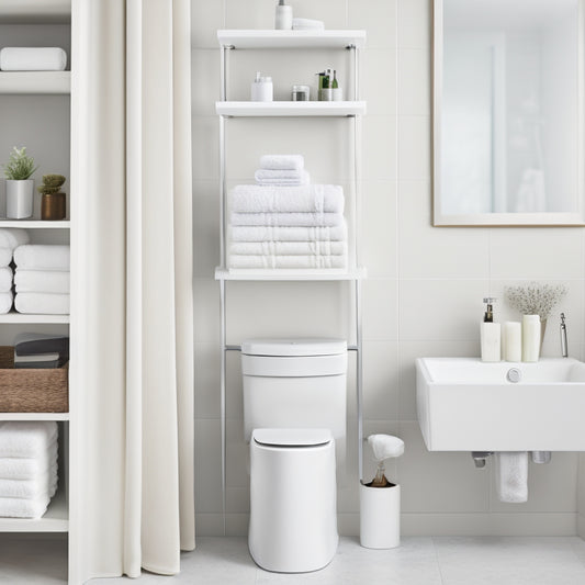 A tidy, modern bathroom with a sleek, white shelving unit against a light gray wall, holding neatly stacked toilet paper rolls, folded towels, and baskets filled with organized toiletries.