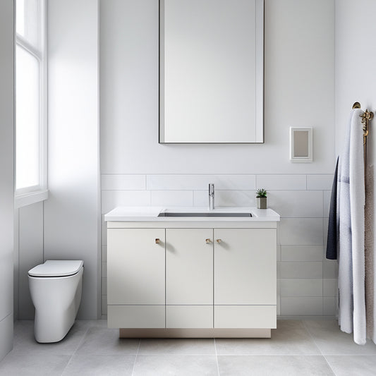 A minimalist bathroom with three modern sink-cabinet combos, each in a different corner, featuring sleek lines, compact shapes, and space-saving designs, set against a soft, white background.