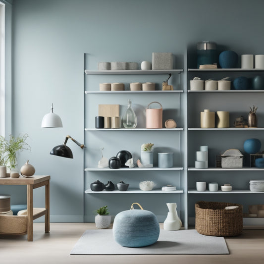 A serene, organized room with 10 storage containers of varying shapes, sizes, and colors, arranged artfully on shelves, tables, and floors, surrounded by a few, carefully-placed, minimalist decor items.