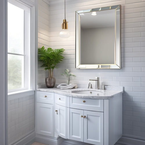 Generate an image of a sleek, wall-mounted corner vanity in a compact bathroom, with a rounded sink, polished chrome faucet, and a mirrored cabinet above, surrounded by crisp white tiles and soft, warm lighting.