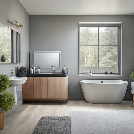 A serene, modern bathroom with a freestanding tub, surrounded by sleek, gray walls, and a large, frameless mirror above a minimalist, wall-mounted sink and faucet.