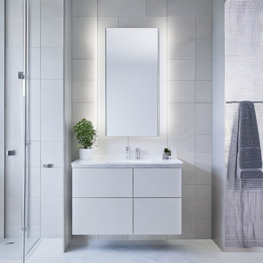 A modern bathroom with a sleek, wall-mounted cupboard featuring a built-in sink, surrounded by LED-lit mirrors, polished chrome fixtures, and a subtle gray-and-white marble backsplash.