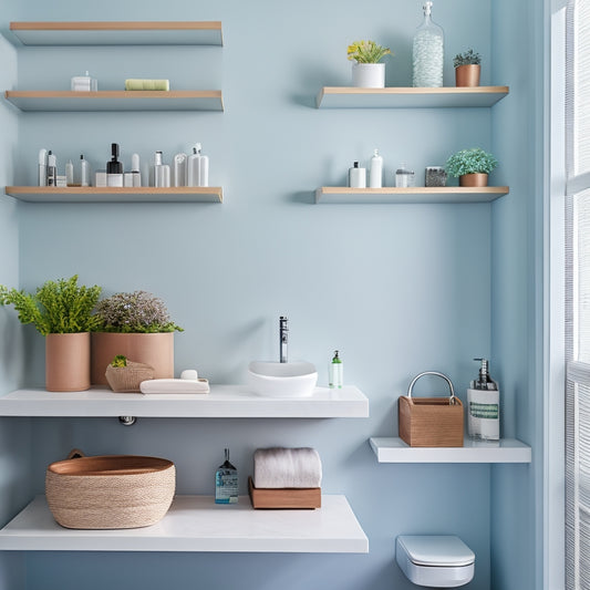 A modern bathroom featuring sleek, wall-mounted shelves filled with neatly arranged toiletries, a compact floating vanity with hidden storage, and stylish baskets under a vessel sink, all set against a calming color palette.
