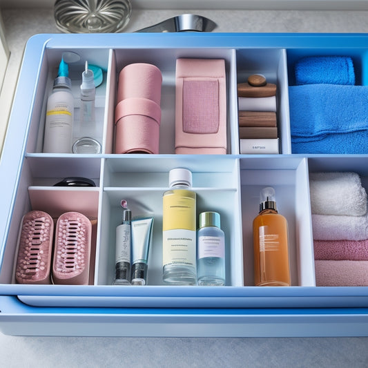 A tidy bathroom drawer with 3-4 dividers, each containing a distinct category of items: toiletries, skincare products, hair accessories, and small towels, all neatly organized and aligned.